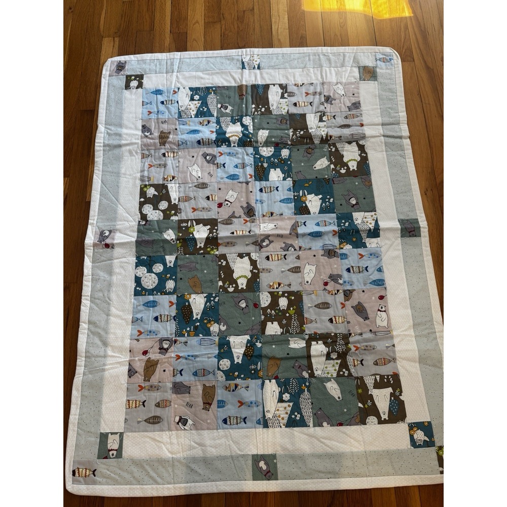 Handmade Bear And Fish Patchwork Baby Boys Quilt Nursery Crib Blanket 37x49